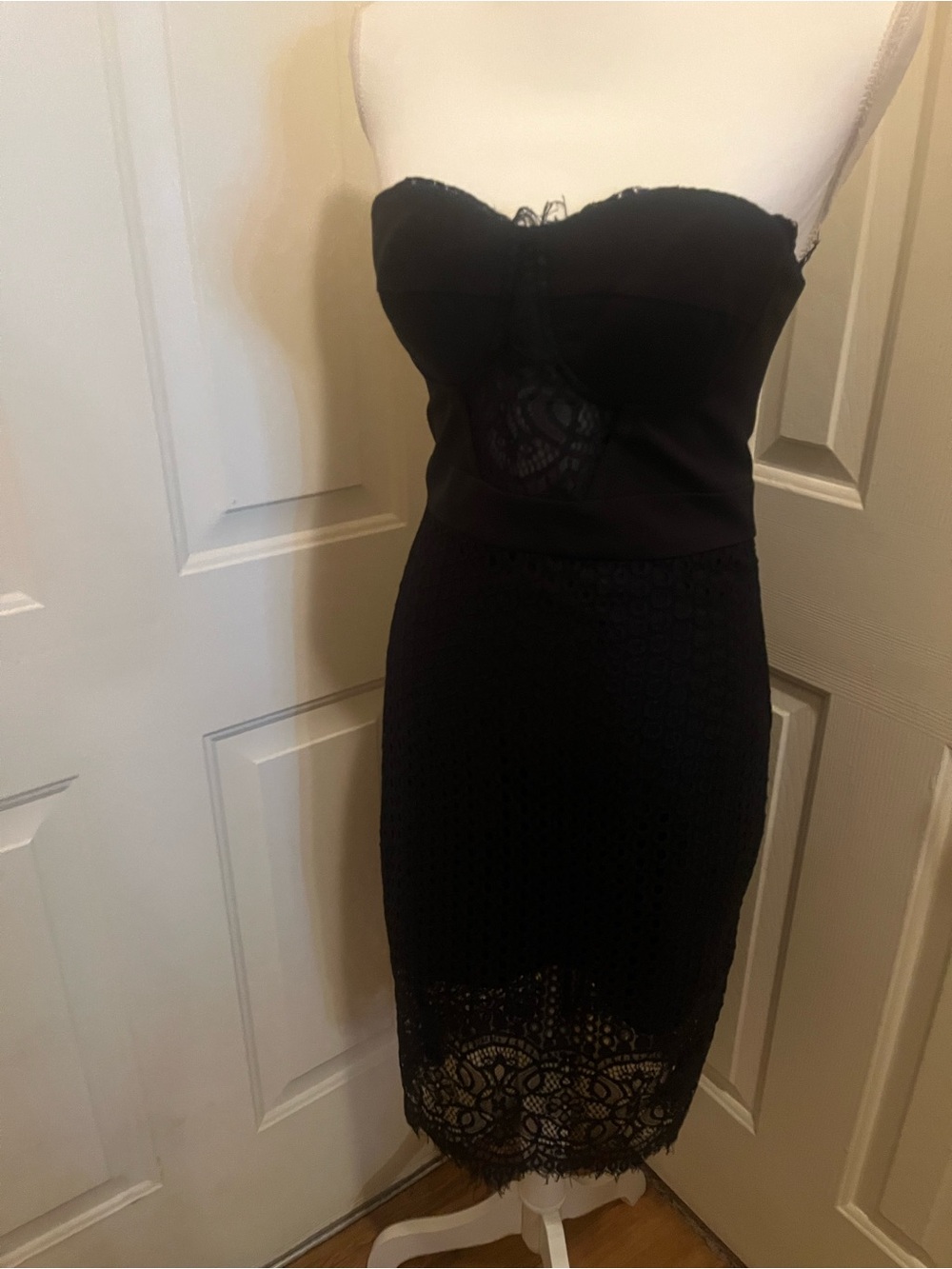 bebe Strapless Black Lace Sheath Dress